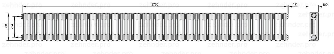 Схема (чертеж) Радиатор Zehnder Charleston 3030/60 №1270 Белый глянцевый RAL 9016